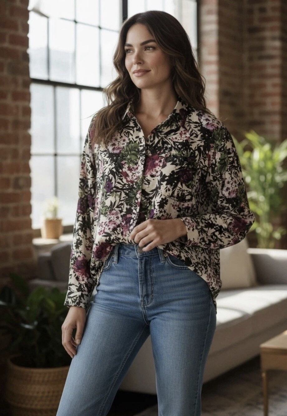 J. Jill Women's Floral Blouse M Long Sleeve Button-Up Purple Green Pocket Office